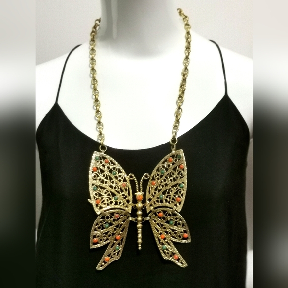 Rare JULIANA DELIZZA & ELSTER DEC Giant Butterfly Pendant Necklace Glass - Picture 3 of 11